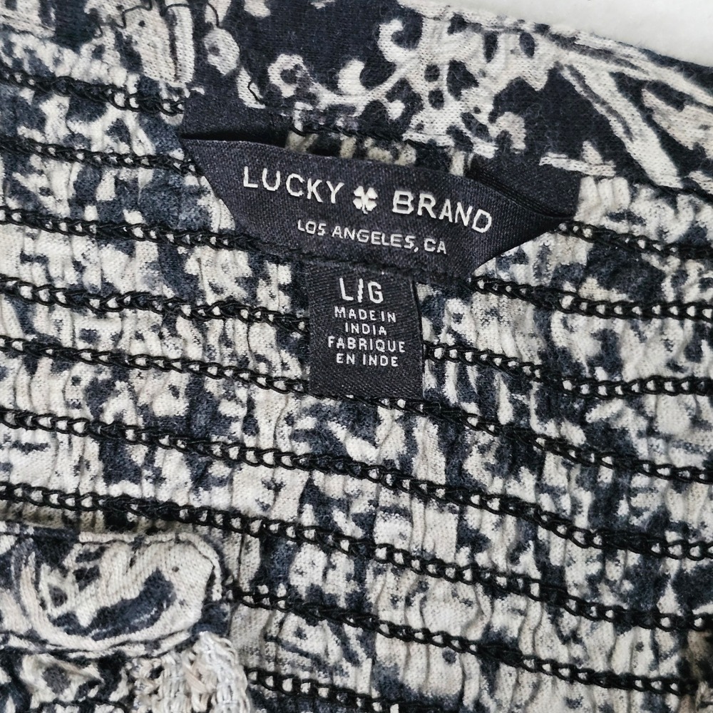 Lucky Brand Womens Black White Floral Woodblock Sleeveless Smocked Top 7W64682 L - Picture 2 of 11